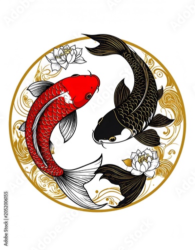 Black and Red Koi Fish Yin Yang Mandala with Gold Frame and Red Lotus Flowers