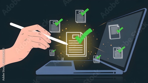 Digital Hand Signing Online Electronic Documents and Verified Approval Workflow Illustration