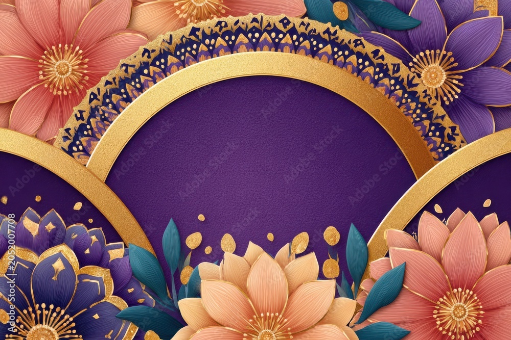 Fototapeta premium Elegant purple and gold floral background with decorative frames and luxury floral accents