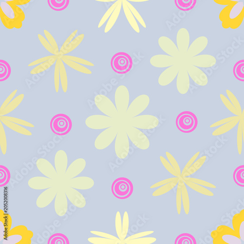Retro Floral Pattern A delightful seamless pattern featuring stylized yellow and light green flowers and pink dots on a soft gray background, evoking a vintage and cheerful aesthetic.