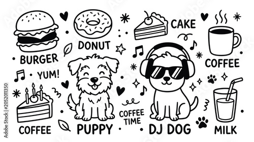 Cute food and puppy dog doodle art set