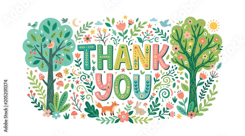 Playful Hand Drawn Thank You Greeting Card Design With Whimsical Forest Trees Flowers And Cute Woodland Animals In Flat Vector Style