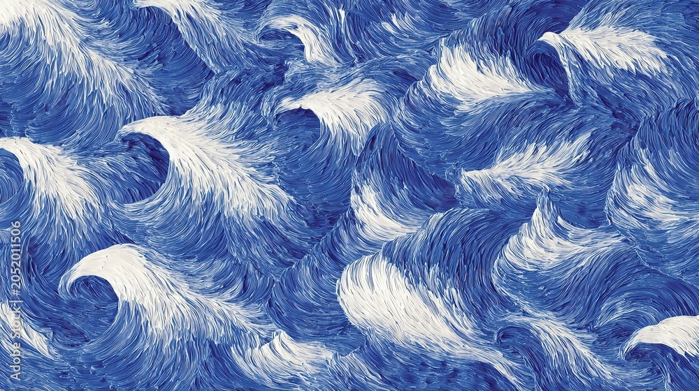 Fototapeta premium Textured seamless pattern of flowing blue and white hand-painted waves moving left to right, vivid royal blue and white rippled surface, continuous wave graphic for decorative print