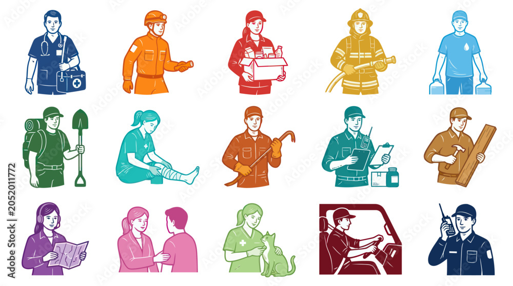 Fototapeta premium Professional People Retro Line Art Vector Illustration Set. Diverse Occupations, Essential Workers, and Industry Icons