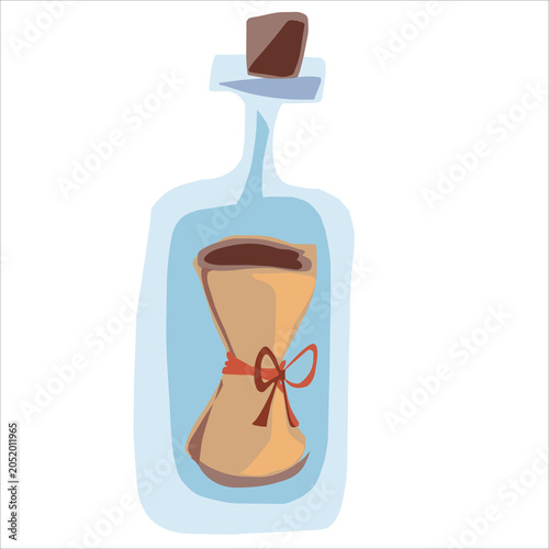 Vintage glass bottle with a cork stopper containing a rolled paper scroll representing secret messages or nautical adventure.