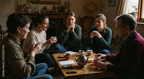 Friends laugh and chat over tea in cozy living room