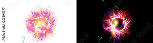 PNG image of Vibrant abstract energy burst illustration, glowing plasma sphere with electric discharge, dynamic light effect, modern digital art for technology and science concepts isolated on
