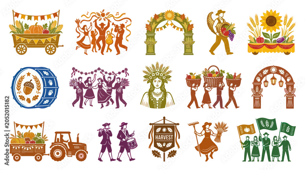 Fototapeta premium Stylized Autumn Harvest Festival Illustrations. Agriculture, Farming Traditions, and Celebration Icons.