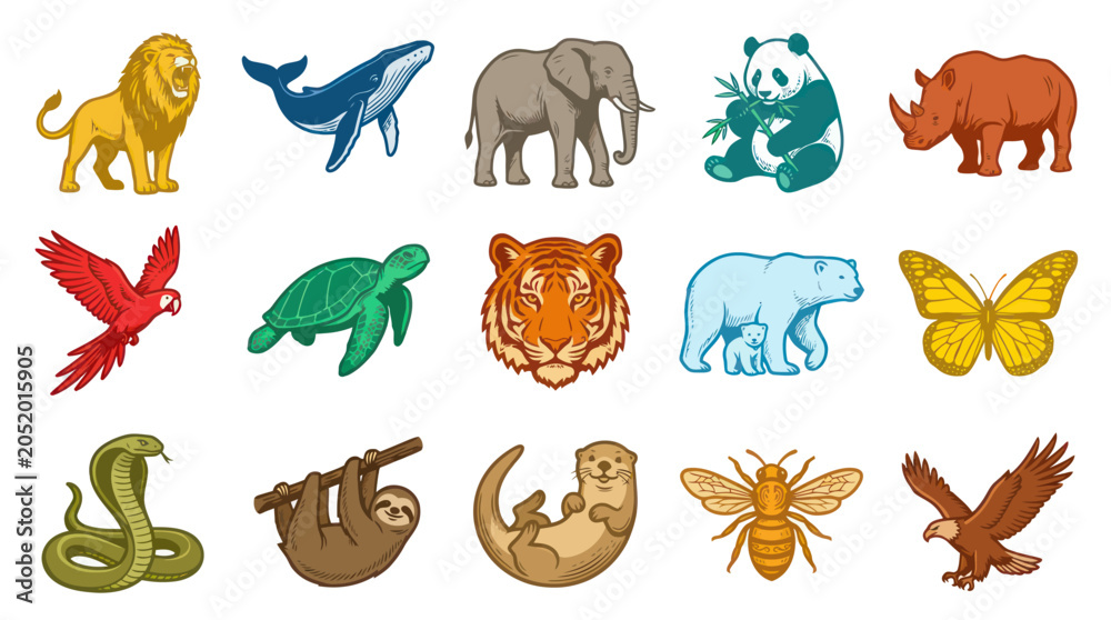 Fototapeta premium Flat Vector Icons of Diverse Animals in Cartoon Style on White Background