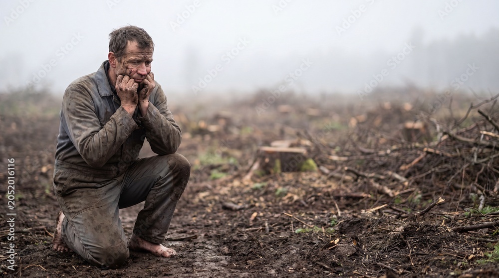 Fototapeta premium Man kneeling in the mist, contemplative and isolated.
