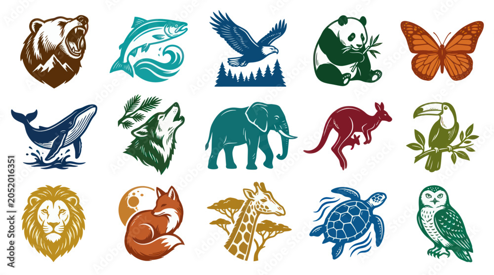 Obraz premium Wildlife Animal Logos Collection - Stylized Flat Vector Illustrations for Nature and Environmental Design