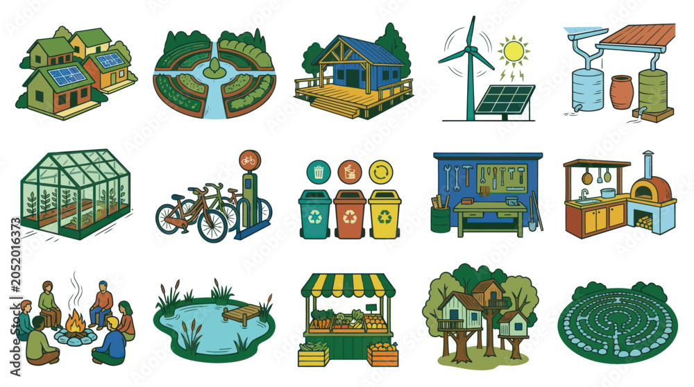 Naklejka premium Eco-friendly lifestyle illustrations: sustainable living, renewable energy, community, garden