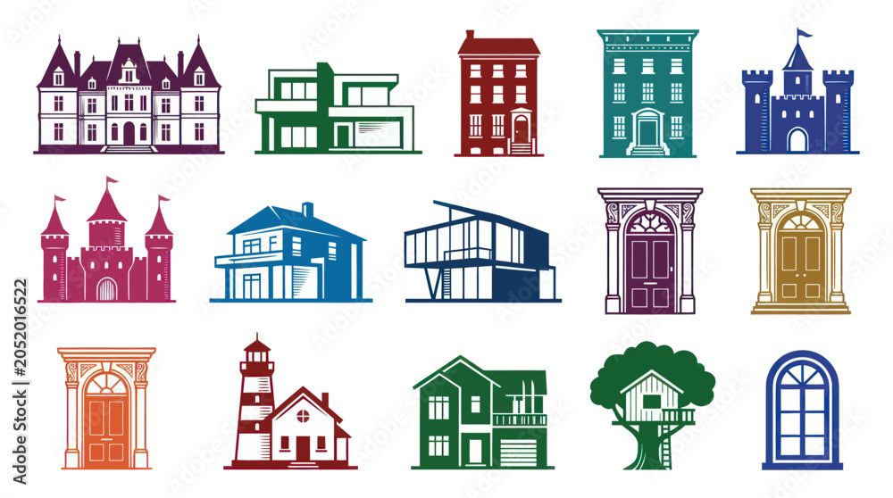 Fototapeta premium Vector Icons of Houses, Castles, Doors, Windows, Lighthouse, Treehouse