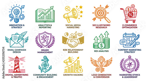 Modern Business, Marketing, and Digital Strategy Icons Set in Vibrant Colored Outline Glyph Style for Management  Analytics