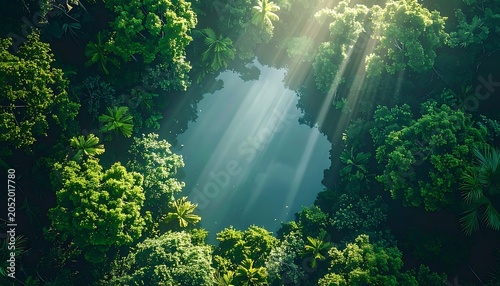 A lush forest canopy with sunbeams piercing through