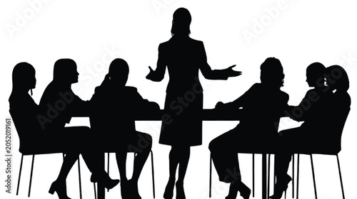 Businesswoman gestures with her hands while leading a collaborative discussion with her professional colleagues who are seated around a table as black silhouettes isolated on a white background.