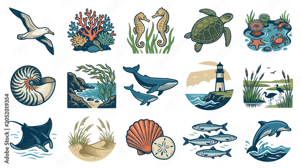 Obraz premium Vintage Marine Life and Nautical Elements Vector Illustration Set - Ocean Animals, Seascapes, Lighthouse