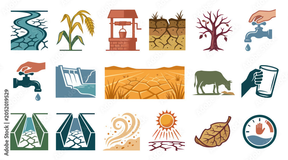 Obraz premium Drought Icons: Dry Land, Cracked Soil, Water Scarcity, Agriculture, Climate Change