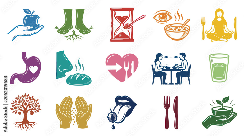 Fototapeta premium Healthy Lifestyle Icons Set: Food, Wellness, Diet, Yoga, Nutrition, Fitness Flat Art