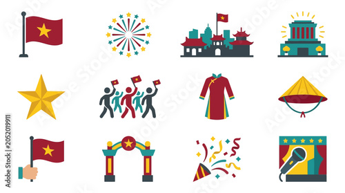 Quadro su tela Colorful Vietnamese Festival Icons with Celebratory Elements