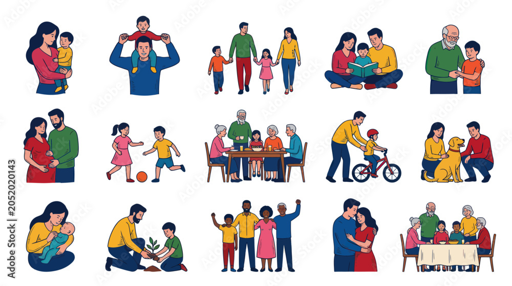 Fototapeta premium Family Lifestyle Flat Vector Illustrations: Diverse People, Parents, Children, Grandparents, and Community Set