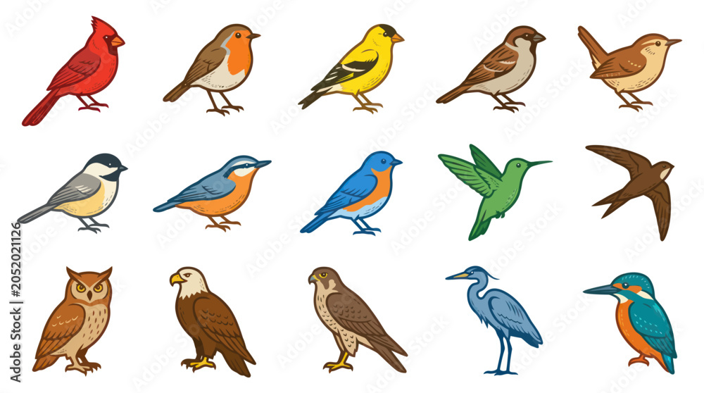 Obraz premium Diverse Collection of Bird Icons in Flat Design Style, Ideal for Nature