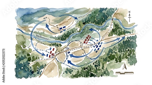 Historical Watercolor Map of Battle Strategy and Troop Movements