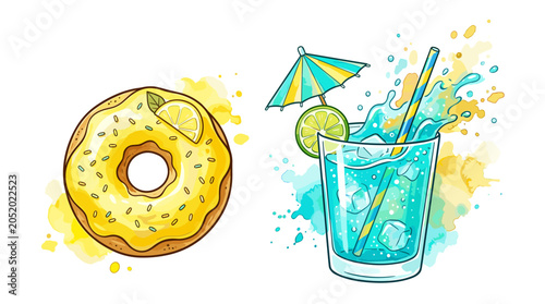 Watercolor illustration of a glazed donut and blue cocktail.