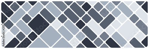 Geometric background with grey and white diagonal rounded squares. Abstract shapes of smooth rectangles stained glass style mosaic pattern for trendy landing page with black border lines.