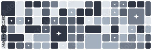 Geometric background with monochrome rounded squares. Abstract shapes of smooth rectangles stained glass style mosaic pattern for trendy landing page with black border lines.
