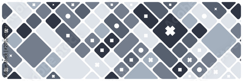Geometric background with grey and white diagonal rounded squares. Abstract shapes of smooth rectangles stained glass style mosaic pattern for trendy landing page with black border lines.