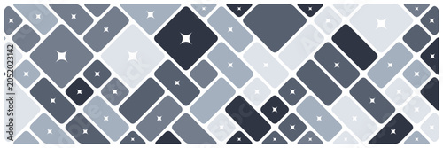 Geometric background with grey and white diagonal rounded squares. Abstract shapes of smooth rectangles stained glass style mosaic pattern for trendy landing page with black border lines.