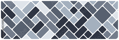 Geometric background with grey and white diagonal rounded squares. Abstract shapes of smooth rectangles stained glass style mosaic pattern for trendy landing page with black border lines.