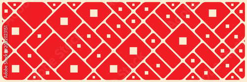 Geometric background with Vibrant red geometric  pattern rounded squares. Abstract shapes of smooth rectangles stained glass style mosaic pattern for trendy landing page with black border lines