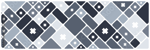 Geometric background with grey and white diagonal rounded squares. Abstract shapes of smooth rectangles stained glass style mosaic pattern for trendy landing page with black border lines.