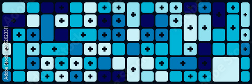 Geometric background with blue and cyan rounded squares. Abstract shapes of smooth rectangles stained glass style mosaic pattern for trendy landing page with black border lines