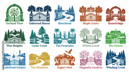 Real Estate Entrance Gates Collection: Luxury Housing  Gated Community Vector Icons