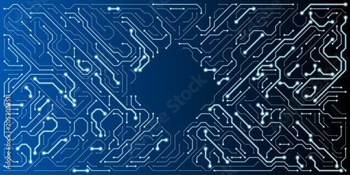 Abstract dark glowing blue digital circuit board background for hardware engineering presentation and modern tech web banner