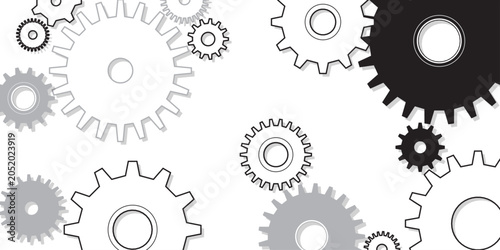 Monochrome black and white gear mechanism background for engineering presentation and industrial web abstract design.q