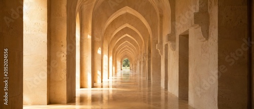 Elegant Arabian Archway Corridor with Warm Sunlight and Luxury Architectural Perspective