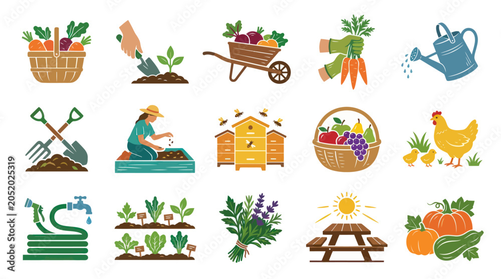 Fototapeta premium Vector Flat Style Icons Set for Gardening, Farming and Healthy Food Collection