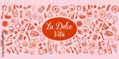 Fotografi Italian Food And Drink Illustration A Watercolor Pattern With Culinary Elements