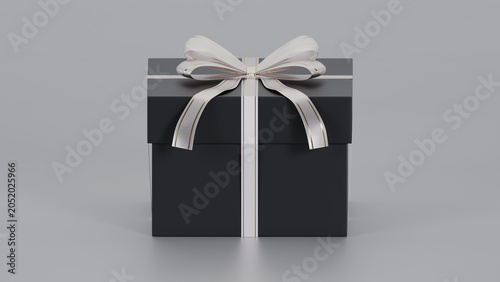 Luxury Black Gift Box with Elegant White and Gold Ribbon on Grey Background 3D Render