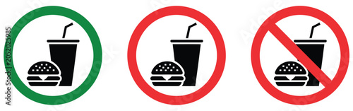 фотографія No food no drink allowed round icon set with red restriction signs and green app