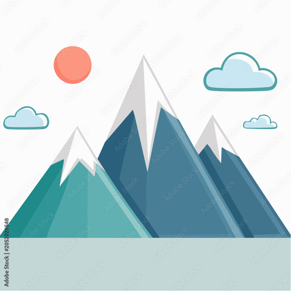 Fototapeta premium Stylized Mountain Landscape with Sun and Clouds