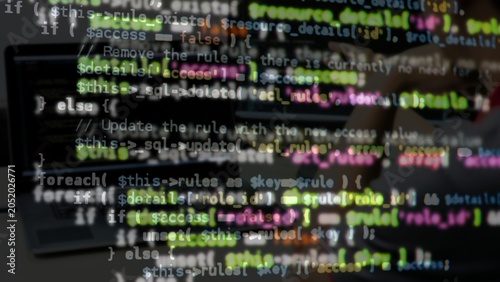 Schilderij op canvas Computer Monitor Screen with Colorful Programming Code Lines Blurred Background
