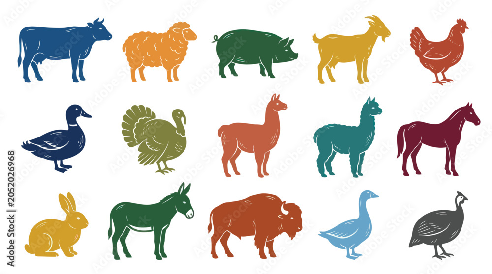 Naklejka premium Farm Animals Vector Icons Set - Agriculture Livestock Glyph Silhouettes