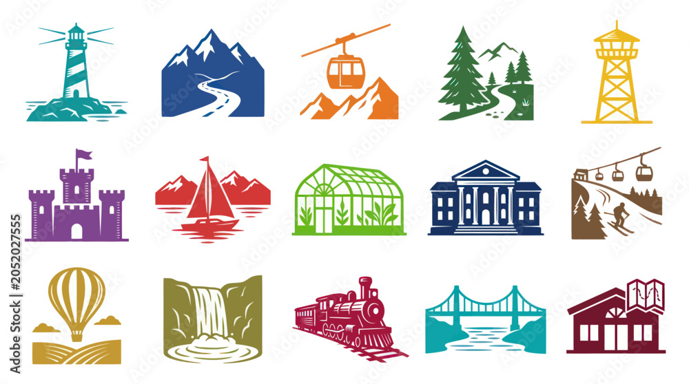 Obraz premium Flat Vector Icons of Travel and Adventure Landmarks, Scenic Views, Transportation