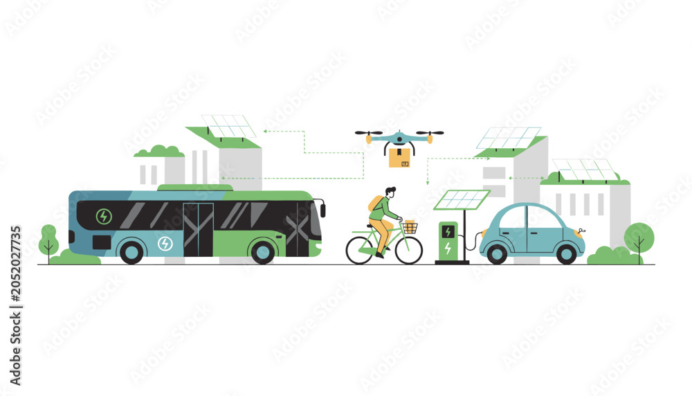 Obraz premium Future smart city landscape showing green energy solutions like electric buses, cars, and delivery drones in an urban area.