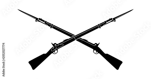Two crossed vintage muskets with bayonets in a classic military style icon design isolated on transparent background, Vector